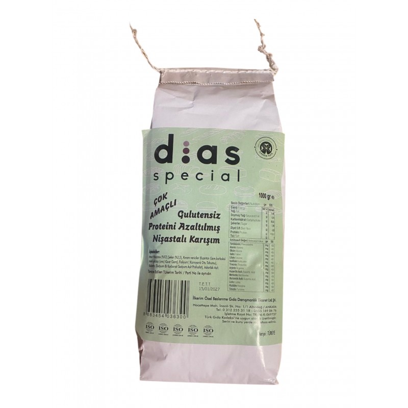 Dias Çok Amaçlı Glutensiz/ Proteini Azaltılmış Nişastalı Karışım 1000 G Dias Çok Amaçlı Glutensiz/ Proteini Azaltılmış Nişastalı Karışım 1000 G